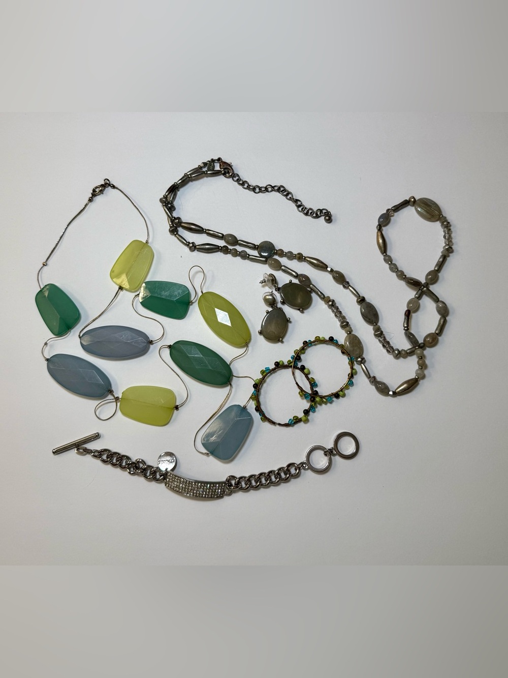 Chico's Jewelry Multi-Tone Green & Blue Statement Necklace Beaded Earrings Lot 2